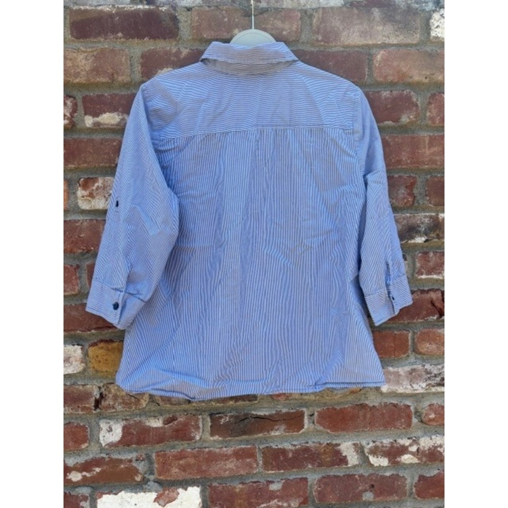Blue‎ White Striped Button Down Shirt 3/4 Roll Tab Sleeve Stretch Top Large - Picture 4 of 6